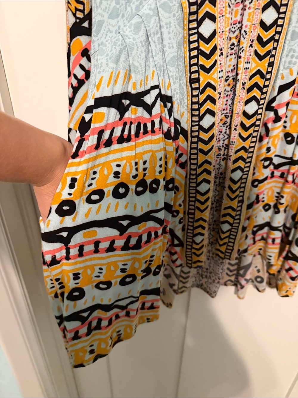 Free People Urban Outfitters Bohemian Blue Mix Print Long Bell Sleeve Mini Dress - Picture 11 of 11